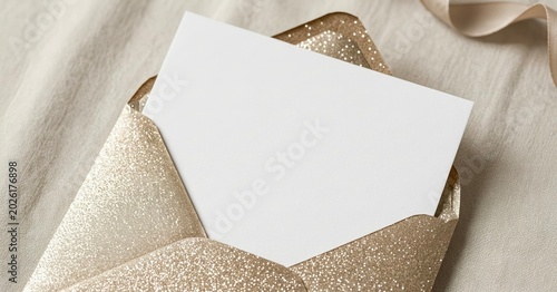 Gold Glitter Envelope with White Card on Textured Fabric for Wedding Invitations