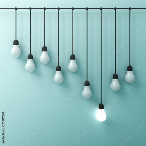 Standing out from the crowd and leadership one long hanging bright idea bulb with white unlit bulbs on light blue green cyan pastel color background business creative idea concepts 3D rendering