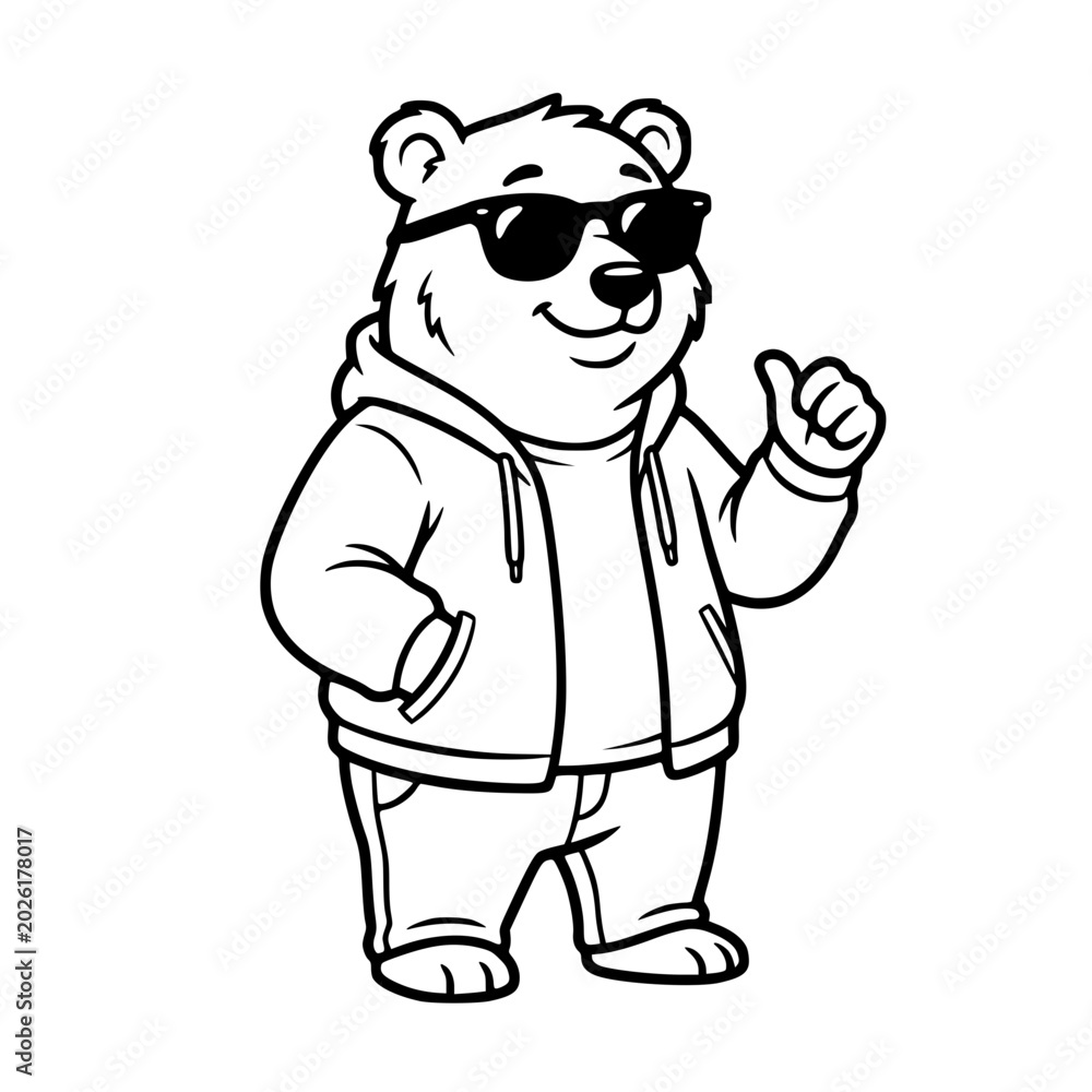 Fototapeta premium Cool cartoon bear wearing sunglasses and a hoodie, giving a thumbs up gesture, representing a fun and positive character. vector illustration