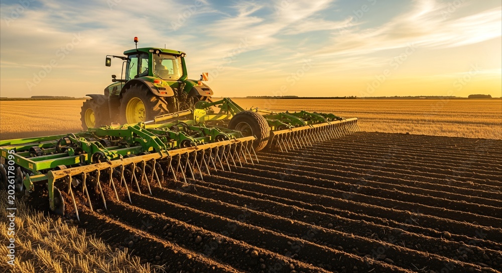 Fototapeta premium Green tractor plows fertile soil in golden hour sunset light, preparing a vast agricultural field for planting.