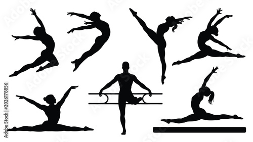Professional ballet dancers performing various artistic poses and graceful gymnastic movements in this detailed collection of black vector silhouettes