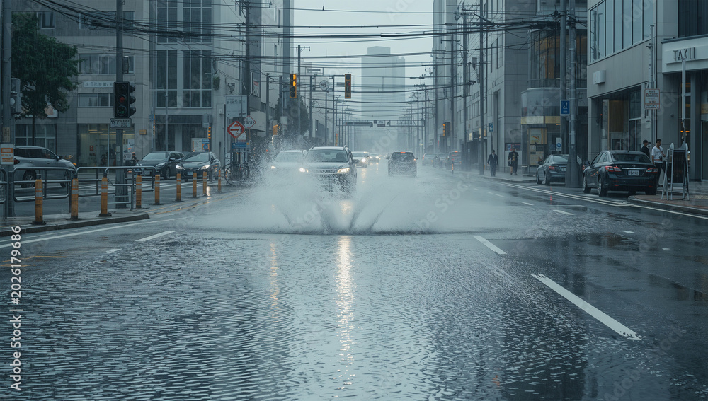 Fototapeta premium 通勤時間の日本のビジネス街で豪雨が道路を濡らす写真
