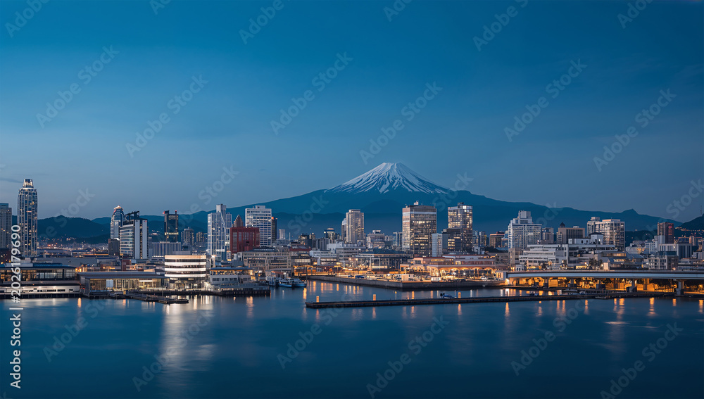 Fototapeta premium 都市の夜景と湾の奥に富士山が浮かぶ現代的な風景写真
