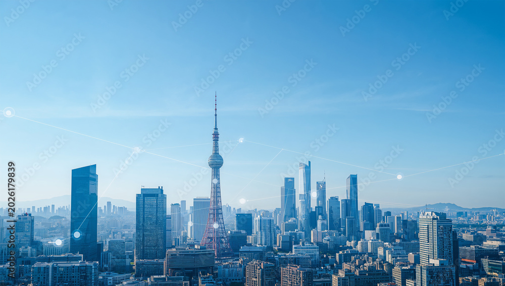 Obraz premium 広い青空の余白に東京の都市とデジタル通信が広がる写真