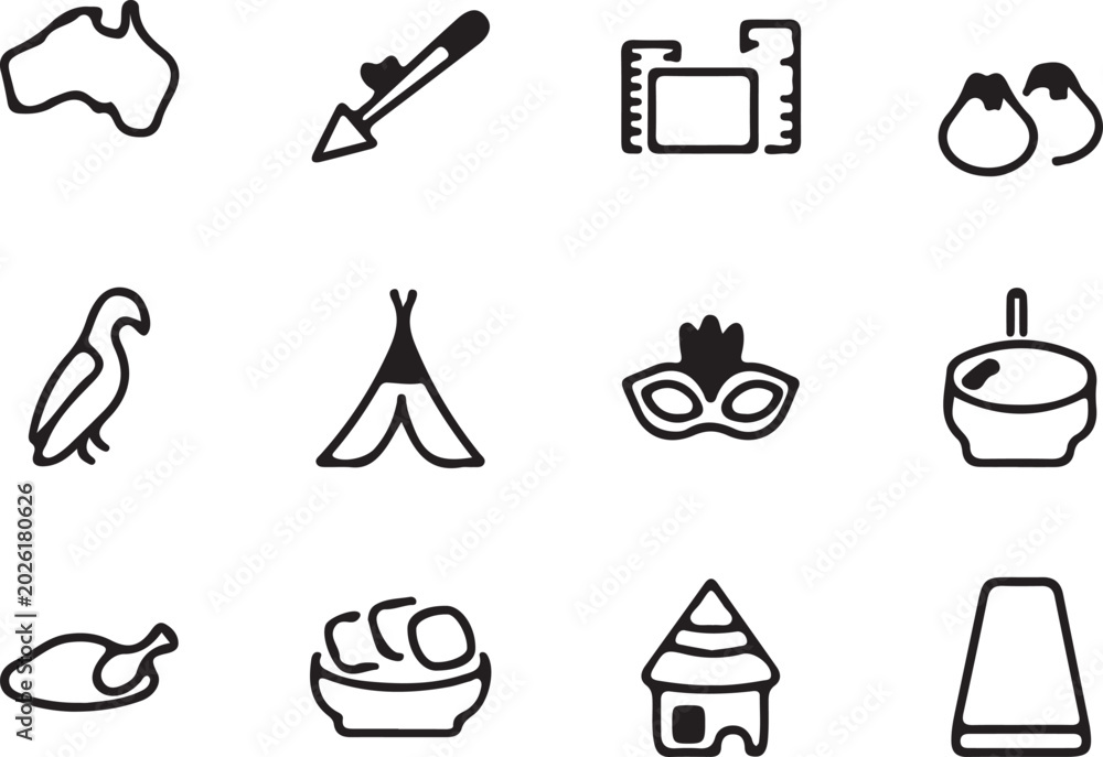Fototapeta premium Black line icons of travel and food symbols