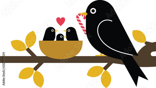 Bird family icons illustration set, generic black bird feeding chicks with worm in twig nest for outdoor and wildlife graphics.