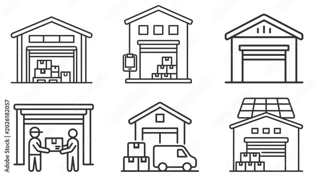 Fototapeta premium warehouse buildings with packages delivery van and workers logistics supply chain icons on transparent background