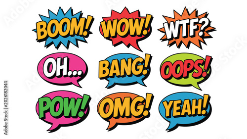 Vibrant collection of comic book style speech bubbles featuring expressive text elements for dynamic graphic design and creative visual communication