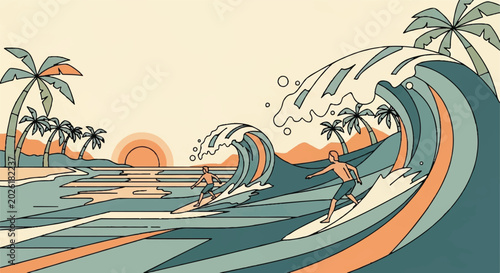 Foto Surfers riding waves near palm trees illustration