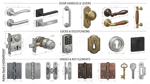 CAD Illustration of Architectural Door Hardware Components Diverse Designs of Handles, Locks, Hinges, and Security Keys for Building Aesthetics and Functionality