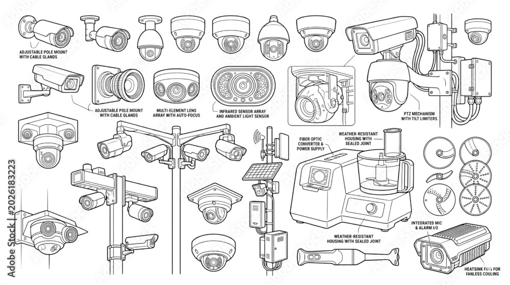 Obraz premium Detailed CAD Collection of Security Surveillance Cameras and Systems Technical Drawings Blueprint Illustration Vector Art for Modern Monitoring Solutions