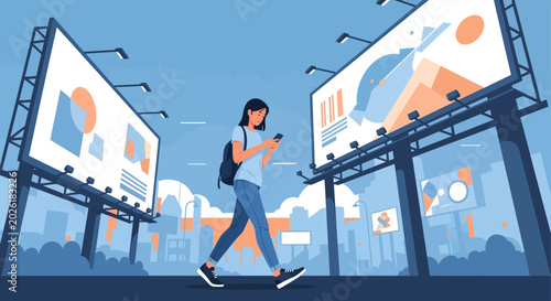 Woman walking on street with billboards, checking phone, urban advertising concept