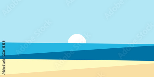 Minimalist beach landscape vector background with sun over sea ocean waves abstract sand layer view
