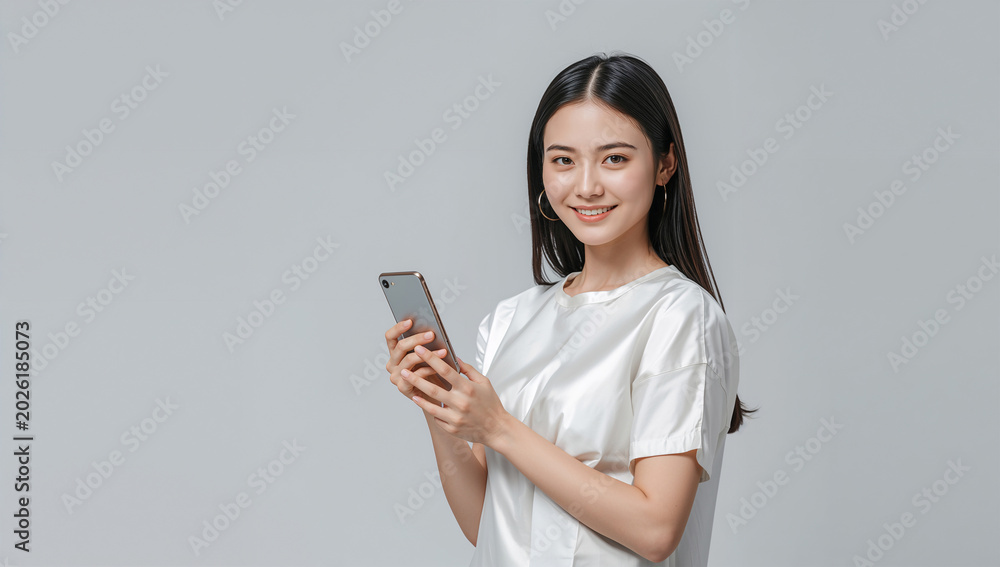 Fototapeta premium 白背景でスマートフォンを持って微笑む日本人女性のスタジオ写真