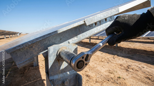 Gloved Hand Tightening Pivot Bolt on Solar Panel Mounting Structure with Ratchet Wrench