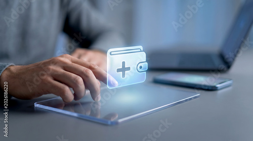 man interacting with digital tablet and wallet icon on screen for finance and technology concept