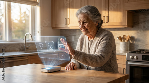 Senior woman interacting with a simplified AI-powered digital interface designed for accessibility and inclusive smart living in a realistic modern home environment.