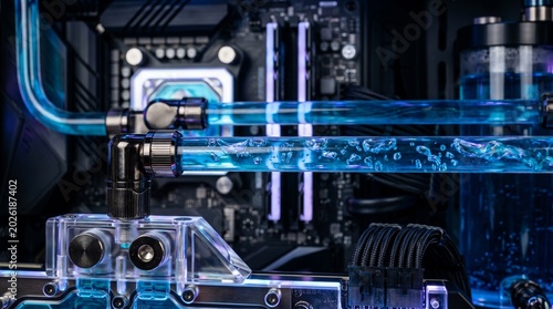 Valokuva Advanced PC liquid cooling system with blue coolant and RGB lighting