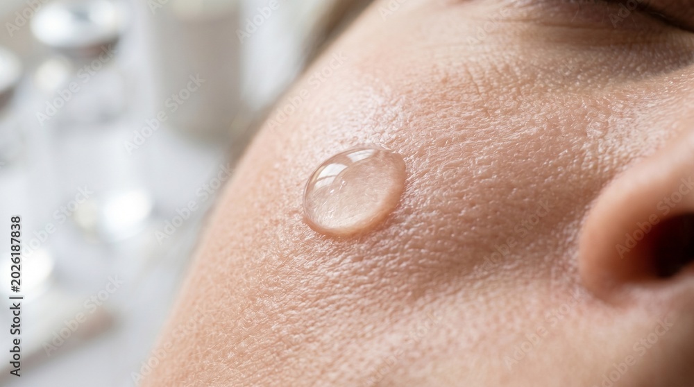 Fototapeta premium Close-up of clear serum drop on textured skin with blurred background