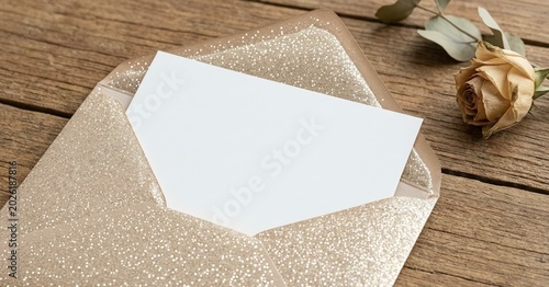 Glitter Envelope with White Card and Dried Rose on Wooden Table for Wedding Invitation