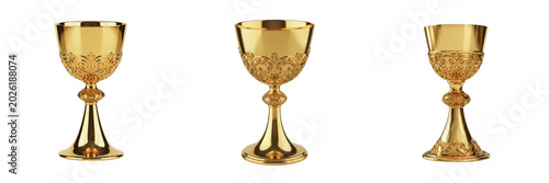Bild auf Leinwand Set of Ornate Gold Chalices Isolated on White Background, Luxurious Metal Goblet