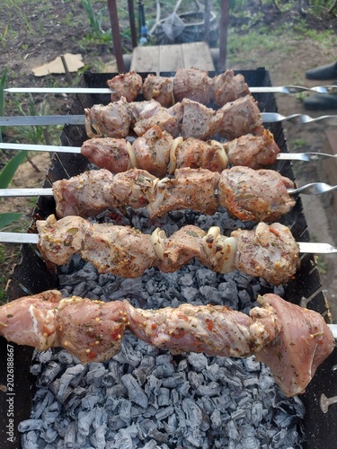 Cooking pork kebab with onions on the grill. 