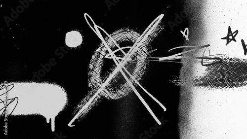 Fotografie Abstract black and white graffiti texture with spray paint marks, scribbles and grunge brush elements