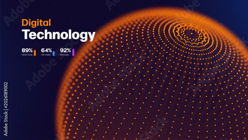 Futuristic Digital Technology Design With Orange Dotted Sphere, Data Visualization, Market Trends And Cyber Network On Dark Background. Technology Spheres Vector Illustration.