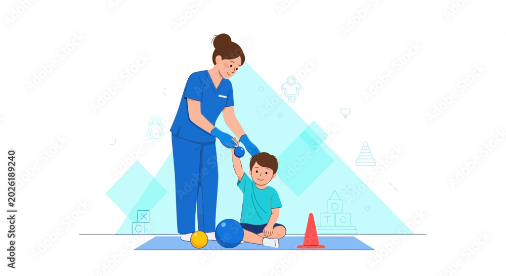 Obraz premium Pediatric physical therapist helping a child with arm exercises, rehabilitation, and therapy