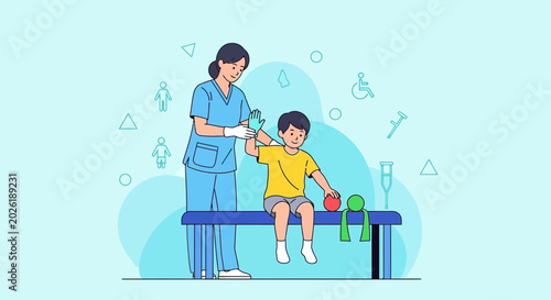 Pediatric physical therapist helping a child with arm exercises on a bench, colorful toys nearby