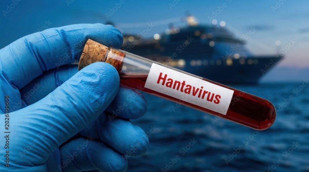 Obraz premium Blue nitrile glove holding a blood sample test tube with blurred cruise ship at sea,a white paper label with the word 