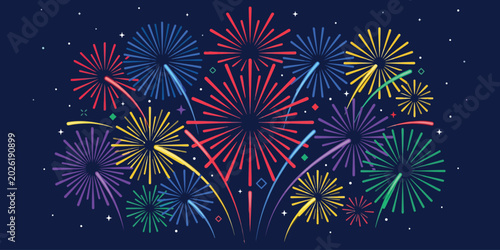 Colorful fireworks display exploding in night sky with vibrant trails and starburst patterns
