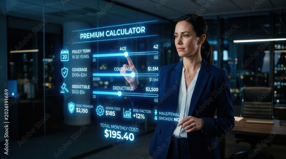 Obraz premium A business professional is using a holographic calculator to assess insurance details in a high-tech office environment.