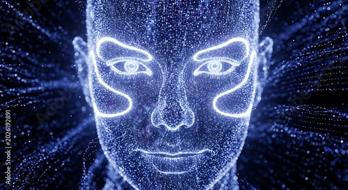 Digital face composed of glowing blue particles and light trails