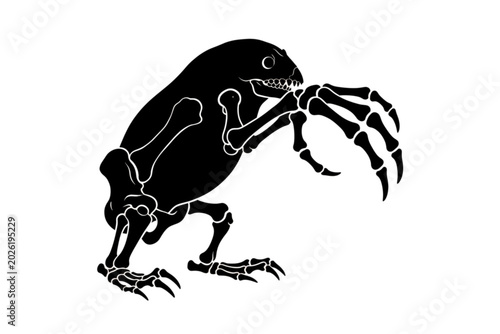 Tableau sur toile Bones of a Cryptid: A striking black silhouette of a fantastical creature, its form outlined by skeletal details, stands on two legs with clawed feet and long, skeletal hands