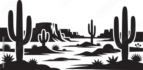 Schilderij op canvas Desert landscape with cacti and mesas, vector illustration in silhouette style a