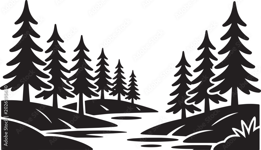 Fototapeta premium Stylized forest landscape with pine trees, rolling hills and a flowing river scene, vector illustration