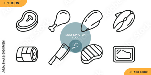 Photos Set of eight meat and protein food line featuring steak chicken leg poultry brea