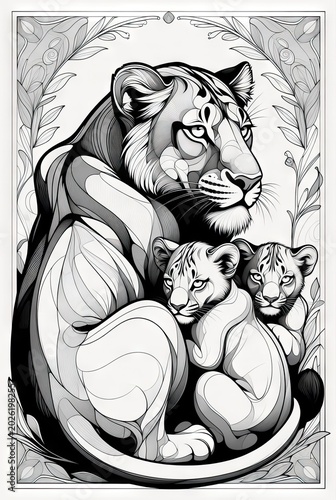 Stylized black and white vector art of a protective lioness sitting closely with her two small cubs within an ornate border