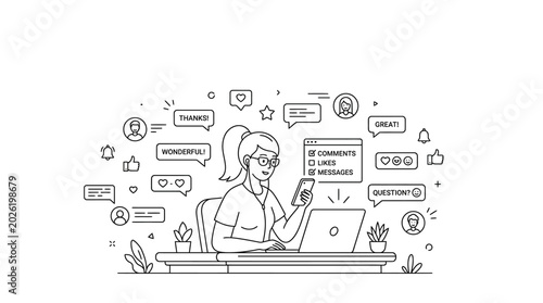 Принти на полотні Illustration of a woman working on a laptop and using her smartphone surrounded