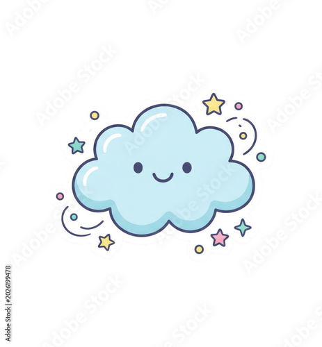 Smiling pastel blue kawaii cloud surrounded by colorful stars and sparkles, cute cartoon illustration for nursery, kids decor, stickers and printables