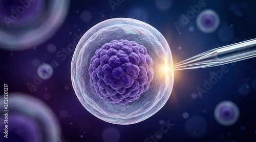 Fertility treatment concept showing a microscopic blastocyst undergoing embryo preservation.