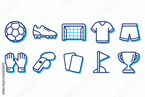 Soccer equipment icons set showing ball shoe net shirt shorts gloves whistle cards flag and trophy