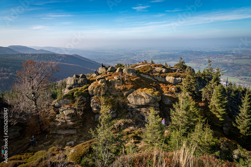 Scenic mountain landscape view from Frydlantske cimburi rock lookout towards Hejnice in autumn
