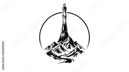 Foto Lighthouse Guiding on Mountain Peaks and Sea Waves, Navigation and Adventure Sym