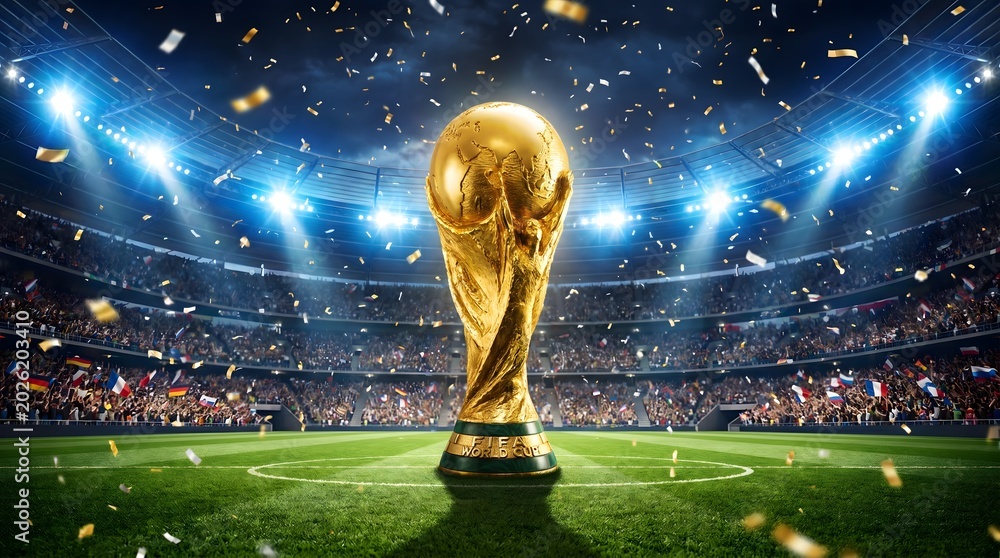 Naklejka premium Golden world cup trophy on a football field with confetti and cheering crowd