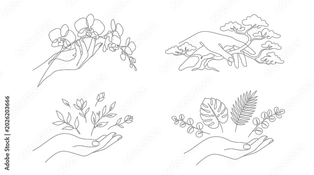Naklejka premium hand drawn plants and leaves in hands