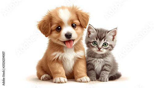 Smiling Beagle and Curious Kitten in Studio Portrait