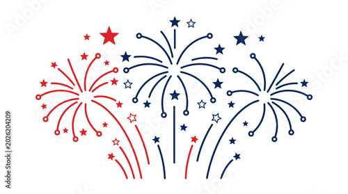 Minimalist red and blue line art firework bursts.