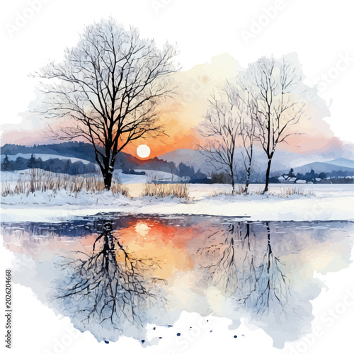 Schilderij op canvas Frozen Lake Reflections, charming vector painting in watercolor with whimsical textures, isolated on a white background
